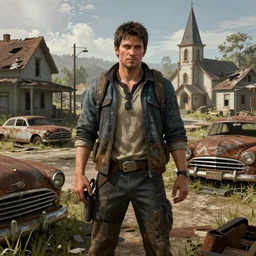 fallout 5, charismatic male protagonist, portrait, outdoors scene, somewhere in a low density rural town, partially ruined, abandoned houses and shops and church, rusted retro futuristic vintage cars, atmospheric lighting, painted, intricate, volumetric lighting, beautiful, daytime, sunny weather, slight overcast, sharp focus, ultra detailed, by leesha hannigan, ross tran, thierry doizon, kai carpenter, ignacio fernandez rios