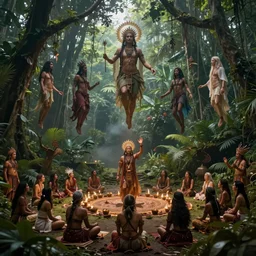 a shamanic ceremony in the jungle, invoking spirits faces floating in the air, matte painting, art by christophe vacher
