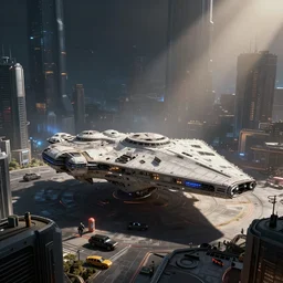 a single large spaceship seen from the surface of a busy metropolis, star wars digital art