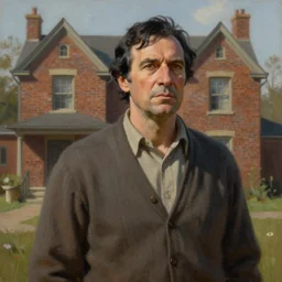 painting of a middle aged man with black hair wearing a cardigan in front of an old brick house, chesley bonestell, trending on artstation, unreal engine, fantasy art