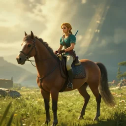 full body emma watson riding horse screenshot from Breath of the Wild 4k screenshot post processing god rays global illumination
