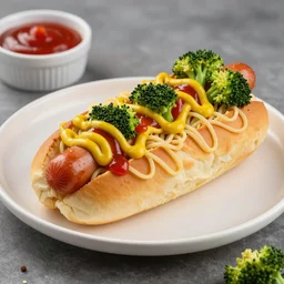 photo shoot portrait of a delicious spaghetti hot dog with broccoli and mustard and ketchup, detailed, uhd, 8k,