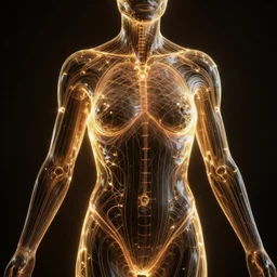 human body inner  thin golden energy lines flow, dark space, highly detailed cinematic photo