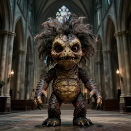 A practical effects puppet of a cute by scary Monster with scaly skin and crazy hair by Rick Baker, inside a gothic cathedral.  A film screenshot from a horror movie Denis Villeneuve and Christopher Nolan.