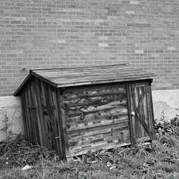 black and white photo of a small wooden barn laying on its side, with a brick wall in the background