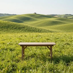 professional photograph of a table in the middle of rolling fields, dream, bright lighting, outdoors, hd, 4 k, 8 k