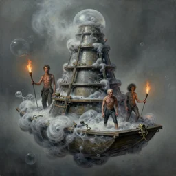 airbrush & oils of 4 character, tiered sewage raft, floating on bubbles, methane, dystopian, by wayne d barlowe, h r giger, simon bisley, alex nino, boris vallejo, enric torres, hyper realism, narrative light, muted colors, epic, hyper detailed, awe inspiring, award winning horror, torch lighting, hyper realism, cinematical