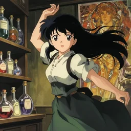 anime visual, portrait of a young female traveler in a alchemist's potion shop interior, cute face by yoh yoshinari, katsura masakazu, mucha, dynamic pose, dynamic perspective, strong silhouette, anime cels, ilya kuvshinov, rounded eyes, moody, dramatic