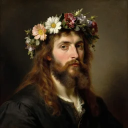 1 9 th century romanticist painting of a longhaired bearded man wearing a flower crown