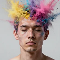 still shot close up footage of the portrait of a human head explodes and disintegrates into a huge mass of coloured powder and splashing paint, motion blur, hyperrealistic, medical, intricate art photography, anatomically correct, realistic crisp textures, 1 6 k