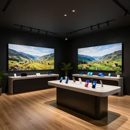 copic marker, gouache!!!!!!!!!! ( ( ( ( ( serious grounded balanced muted flagship samsung store, black walls. timber floor. low ceilings with spots. curved furniture, with large digital screen. display tables with phones and tablets, pots with plants, large digital screens on the walls ) ) ) ) )