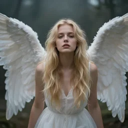 very pretty blond female angel with wings, shallow depth of field, moody lighting, 8 k, concept art, wide angle,