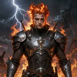 portrait of beautiful gothic and futuristic young man with a lot of scars, more thunderstorm, dressed in cyber armor, a lot of scars, firestorm hair, the middle ages, highly detailed, artstation, illustration, art by jean delville and leon gerome and vincent disederio, 8 k quality
