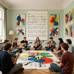 people in beautiful room listen music, musical score, abstract photo collage, vibrant colors, breathtaking detailed, artwork by art spiegelman