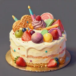 a colorful digital painting of a cake with lots of sweets on it, by greg rutkowski and james gurney, sharp details, 8 k, highly detailed, matte background, trending on artstation