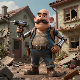 grumpy chunky bald handyman with mechanical drill arms, thick moustache, in a wrecked home, full body, hyperrealistic digital art masterpiece, highly detailed neo pop surrealism, jason limon kay sage hannah yata, dramatic lighting, low angle, uhd 8 k, sharp focus
