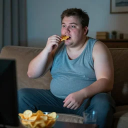 an fat guy wearing a tank top sitting on a couch and eats chips while watching tv during the night