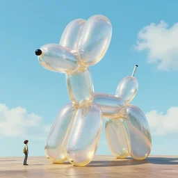 3 d render of a giant floating balloon animal sculpture, with face, shiny, translucent plastic by studio ghibli and james jean and edward hopper