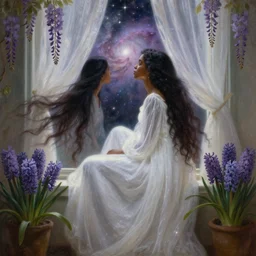 a beautiful young contemplative black woman with long flowing hair in a flowing white starry gown, looking out a window to see a sparkling nebula through gauzy curtains, wisteria and hyacinth, highly detailed painting by gaston bussiere, craig mullins, j. c. leyendecker 8 k