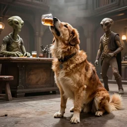 A long-shot, color cinema film still of a large Dog drinking alcohol in the Mos Eisley's Tavern, Two aliens around, misty, studio lighting; from Star Wars(1977)