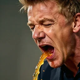 the detailed close up image of Gordon Ramsay vomiting, puke flying everywhere, disgusting, puke coming from nose, vomit, detailed, 4K