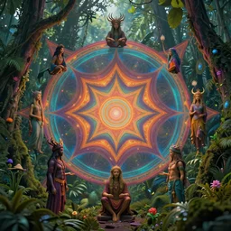 spirit guardians of the bush in lush rainforest in wonderland dmt tripping, sacred geometry details, by ivan aivazovsky, coherent, psychedelic, hyper realism, high detail, vivid colors, octane render, unreal engine, 8 k, smooth gradients, high contrast, depth of field by jacek yerka