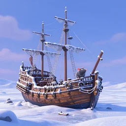 beautiful 1600s ship frozen in the snow. Pixar Disney 4K 3d render funny animation movie Oscar winning trending on ArtStation and Behance. Ratatouille style.