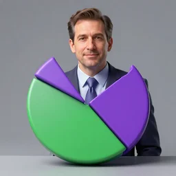 hyperreal lifelike corporate portrait, anthropomorphic edible piechart, snake oil ceo, uncle aloysius family medicine depot, purple green color scheme, detailed lifelike facial features, professional studio lighting