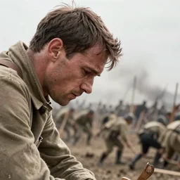 a man looking down on the battlefield, very sad, ultra-realistic