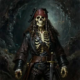 ultra realistic color portrait painting of an skeletal 1 7 th century pirate with a sword in a grotto, dark, painted, brooding, atmospheric, seascape, lovecraft, horror, smooth, epic, highly detailed, cinematic, by angus mcbride