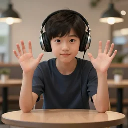 a boy with headphones sitting on a table in a cafe, digital art, digital painting, masterpiece, concept art, trending on deviantart, highly detailed, high quality, anatomically correct, five fingers, cinematic, high coherence, soft lighting, soft colors, beautiful, elegant, short black hair, 4 k, symmetrical, realistic and detailed face, cartoon