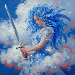 a painting of a woman who made of curly and transparent feathers and cloud with red edges is holding a sword, a digital painting by charlie bowater, made of many translucent layers of blue feathers and cloud, metaphysical painting, speedpainting, digital painting, holographic undertones, highly saturated colors, 4 k, digital art, concept art, trending on artstation