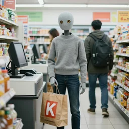 a posthuman android with a shopping bag, standing in a line to the cash register in a convenience store, 4 k award winning photo