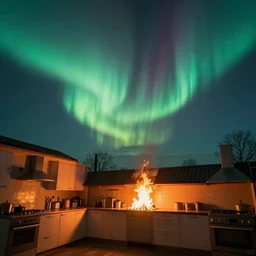 a photo of aurora borealis localized entirely within my kitchen, the house is on fire, color photography, high quality, volumetric light, beautiful, 4 k