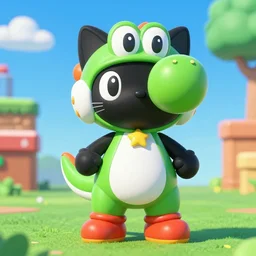 black cat in a costume of yoshi, nintendo, photo, 4 k, mario world