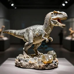 hatching tyrannosaurus goddess idol, carved quartz, from the dinosaur civilization archeological dig, 65.5 Million years old, 4k photograph, museum lighting