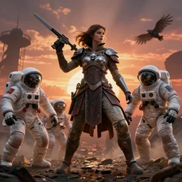 a warrior princess in battle against zombie astronauts, designed by ralph mcquarrie and moebius, intricate detail, hdr, 8 k, volumetric lighting, sunset apocalypse background - 9 6 0