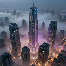 hyperrealistic matte painting of complex buildings above a mysterious fog, city lights below, modern architecture, art deco architecture, cyberpunk style, vivid lights, concept art, by paul lehr and hugh ferris and noriyoshi ohrai