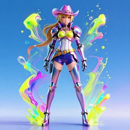 full body disintigrating synthwave cowgirl, character is aigis from persona 3 designed by yoji shinkawa, bright colors, illusion, metallic, armor, stunning, breathtaking, digital render, line art, unreal engine, lunar cyberpunkcity backdrop, de - noise, 8 k, volumetric lighting, detailed contrast, scattered mist, glow, rim light by greg rutkowski