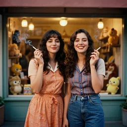 standing portrait of ecstatic sza & dojacat looking into the camera standing smoking a cigarette, summer, warm street lights store front, 1 9 6 0 s technicolor, intricate, moody, personal, highly detailed, short focus depth, donato giancola, joseph christian leyendecker, frank frazetta, alex horley, ralph horsley, michael whelan, 2 0 0 mm focal length