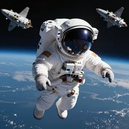 an elephant as astronaut with a helmet on head flying in space, background spaceship
