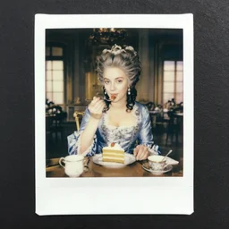 a Polaroid of Marie Antoinette eating cake at the Versailles palace in 1792