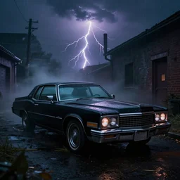 A mysterious black 1970's Cadillac DeVille, abandoned in a dark and misty back alley during a lightning storm, vibrant colors, by Stephen King, misty, moody, sinister, cinematic lighting, cinematic color grading, 8k render, hyperrealistic, ultra HD, Unreal Engine 5 render