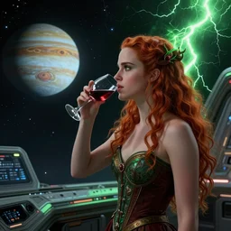 a highly detailed matte painting of emma watson as a red haired vampire martian princess, drinking wine, standing in a space station and looking at jupiter, sci fi and fantasy, viewed in profile from far away, crackling green lightning, ultrawide lens, art by artgerm and greg rutkowski and alphonse mucha, volumetric lighting, octane render, 4 k resolution, trending on artstation, masterpiece