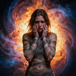 an anxious woman wrapped in wire, surrounded by an exploding nebulas, by leonara carrington