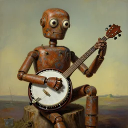 rusty robot, playing a deering banjo, sitting on a stump, high detail, hyper realistic, painting by rene magritte, style of salvador dali, trending on artstation, retrofuturism, style of michael cheval, 8 k
