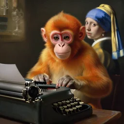 medium shot, cinematic, cute orange monkey is typing on the typewriter, enhancements, soft lighting, by john ward, by arthur walker, by vermeer, by monet, oil on canvas, royal academy, masterpiece, trending on artstation, cinematic composition, dramatic pose, beautiful lighting, sharp, details, hyper - detailed, hd