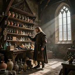 dennis hopper as a medieval nobleman, standing on the side of a big medieval shop with boards full of pottery, books, flasks, glas, trinkets, and other stuff, dust suspended in a sunbeam from a tall medieval window, trending on artstation, artwork in style of peter mohrbacher, unreal engine, octane render, intricate details, 8k high definition, beauriful, ornate, hyperrealistic