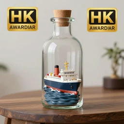 a ship in a bottle, placed on a table, photography, award winning, 4 k