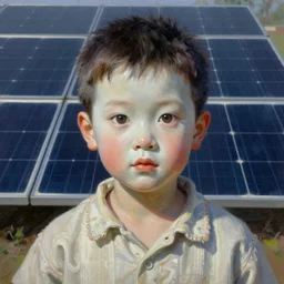 a young boy portrait with porcelain face and big eyes, solar panels, dressed in a vintage shirt, conceptual art, oil fantasy painting, hyperdetailed, dramatic light, 8 k